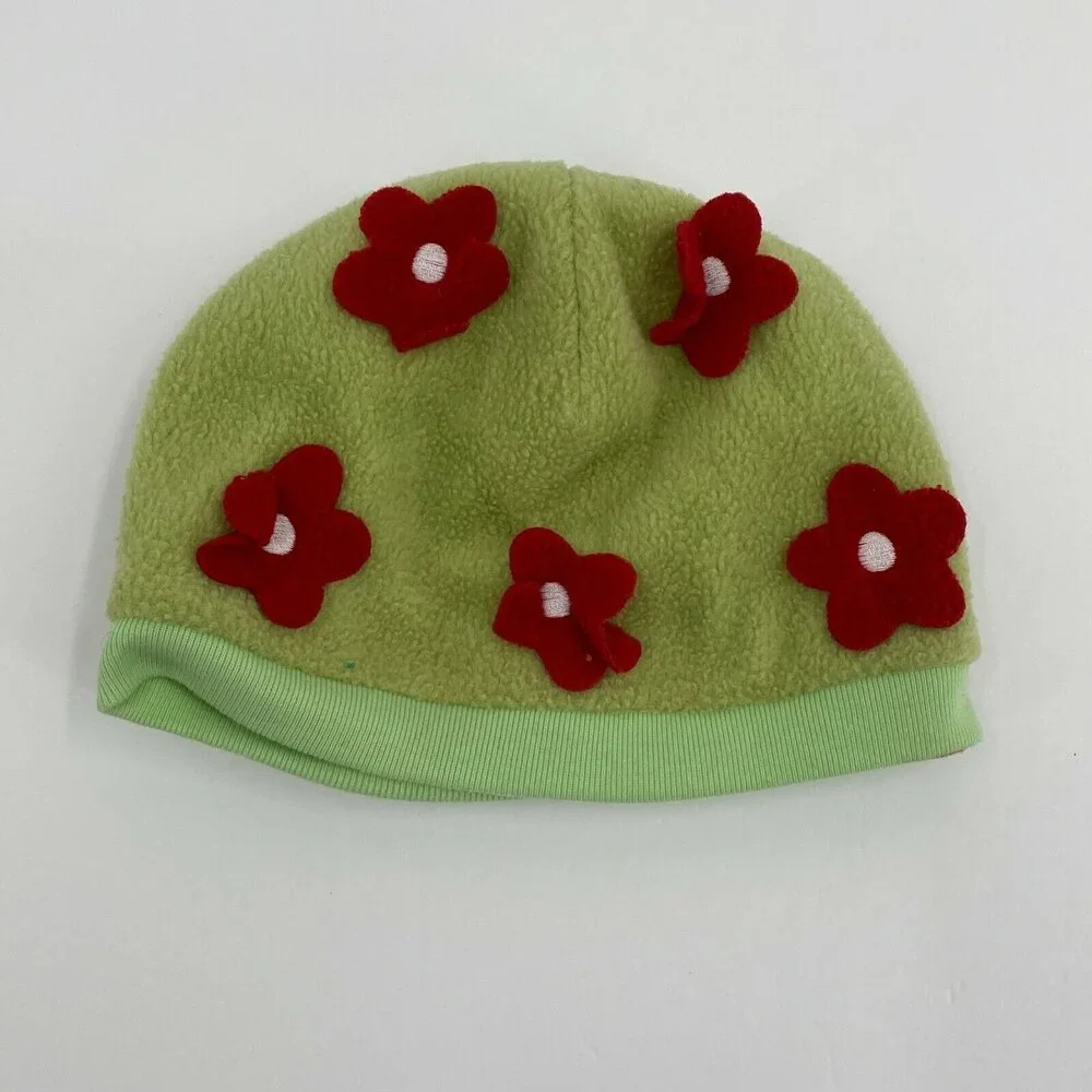 Pedoodles Girls Green Red Floral Fleece Stretch Comfort Beanie Hat Size Small